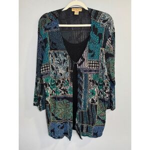 Notations Womens 2X Patchwork Print Open Front Cardigan Sweater Black Blue Green